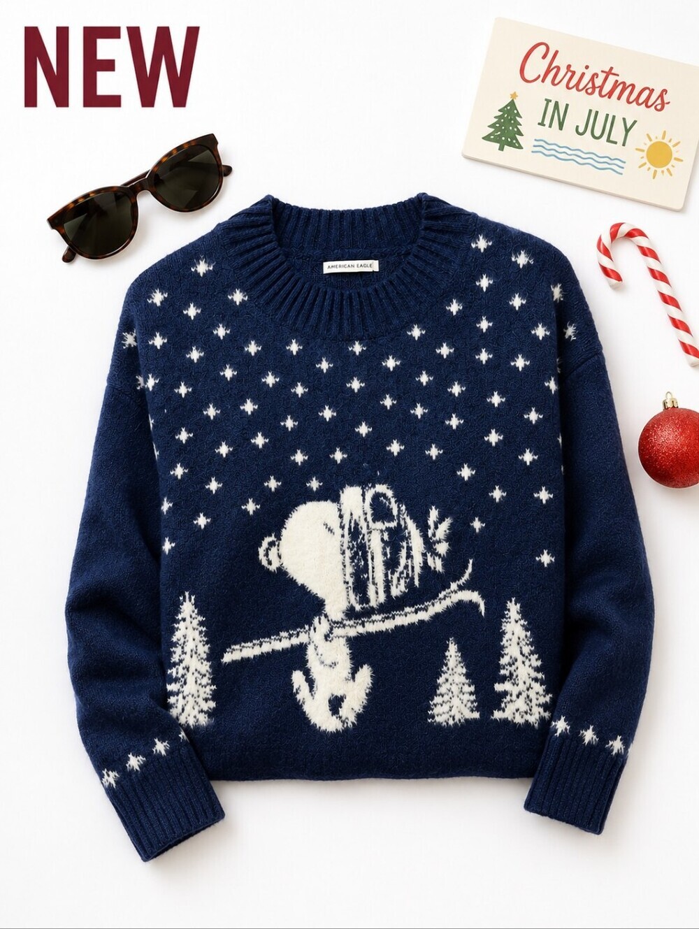 Last One! New! AE Snoopy Winter Sweater Navy Blue Cozy Knit Pullover Oversize XL